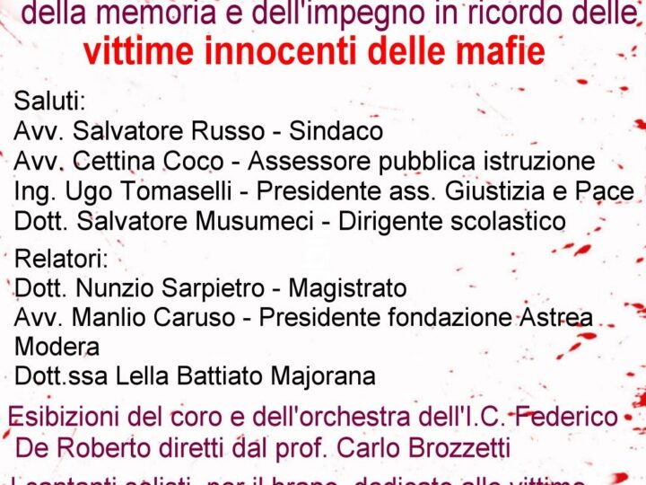 ZAFFERANA ENTEA – XXVIII GIORNATA DELLA MEMORIA E DELL’IMPEGNO IN RICORDO DELLE VITTIME INNOCENTI DELLE MAFIE