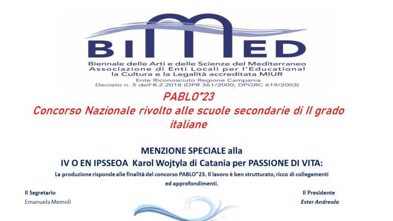 Menzione Speciale per la IV O EN dell’Ipsseoa “Karol Wojtyla” al concorso nazionale “PABLO ‘23”