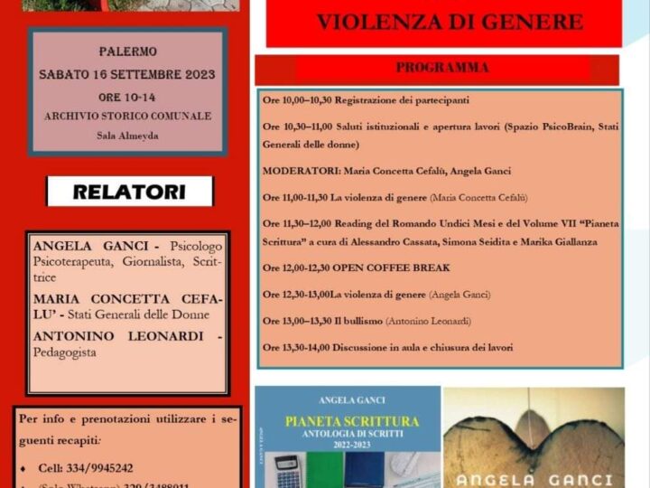 Giornata di studi dedicata alla violenza di genere, sabato 16 settembre 2023  sala Almeyda a Palermo