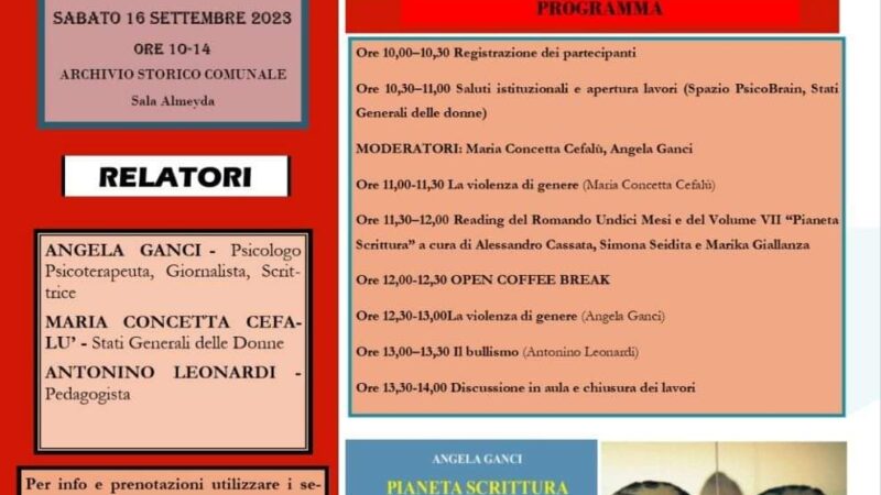 Giornata di studi dedicata alla violenza di genere, sabato 16 settembre 2023  sala Almeyda a Palermo