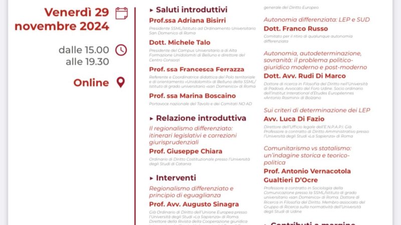 WEBINAR DI STUDI – PROBLEMI E PROSPETTIVE DEL REGIONALISMO DIFFERENZIATO 29.11.2024.