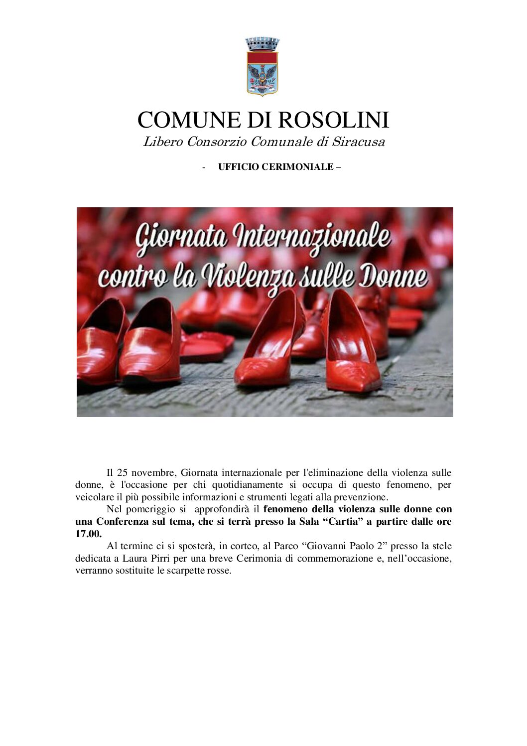 Comune di Rosolini – Giornata Internazionale Contro la Violenza sulle Donne.