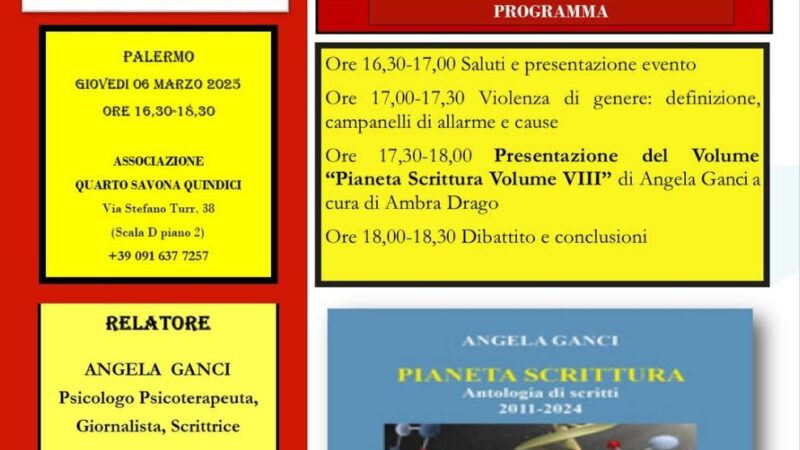 Angela Ganci, psicologo psicoterapeuta, nella sede dell’associazione “Quarto Savona Quindici” di Palermo su violenza di genere e le sue cause.